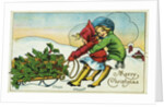 Merry Christmas Postcard with Two Girls Pulling a Sled by Anonymous