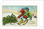 Merry Christmas Postcard with Two Girls Pulling a Sled by Anonymous
