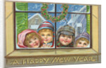 A Happy New Year Postcard of Children Peeking Through a Window by Anonymous