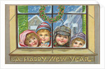 A Happy New Year Postcard of Children Peeking Through a Window by Anonymous