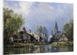 A Busy Riverside Village by Charles Euphrasie Kuwasseg