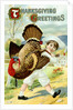 Thanksgiving Greetings Postcard with a Boy Carrying a Turkey by Anonymous