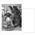 Woman With Axe Fights Bear; Woodcut by Anonymous