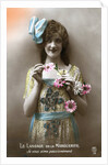 French Postcard of Woman Holding Flowers by Anonymous