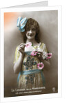 French Postcard of Woman Holding Flowers by Anonymous