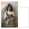 French Postcard of Woman Holding Flowers by Anonymous