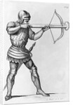 Engraving of a Knight Aiming a Crossbow by L. Massard