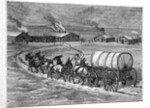 Covered Wagon Approaching Log Cabins by Anonymous