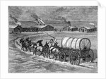 Covered Wagon Approaching Log Cabins by Anonymous