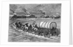 Covered Wagon Approaching Log Cabins by Anonymous
