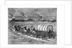 Covered Wagon Approaching Log Cabins by Anonymous