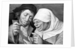 Painting of a Peasant Couple Looking at a Mirror by Jan Massys