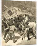 Illustration of Striking Conductors and Drivers Overturning a Trolley Car by Anonymous