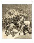Illustration of Striking Conductors and Drivers Overturning a Trolley Car by Anonymous