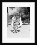 Woman Kneels and Pets Baby Ostrich by Anonymous