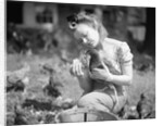 Woman Holds Chicken For Feeding by Anonymous