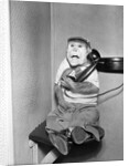 Monkey in Clothing Holds Phone Receiver by Anonymous