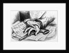 Two hands that are touching a gun that is laying on advertisments by Anonymous