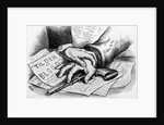 Two hands that are touching a gun that is laying on advertisments by Anonymous