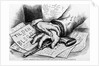 Two hands that are touching a gun that is laying on advertisments by Anonymous
