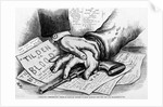Two hands that are touching a gun that is laying on advertisments by Anonymous