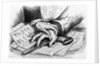 Two hands that are touching a gun that is laying on advertisments by Anonymous
