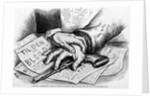 Two hands that are touching a gun that is laying on advertisments by Anonymous