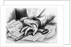 Two hands that are touching a gun that is laying on advertisments by Anonymous