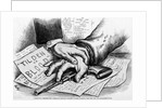 Two hands that are touching a gun that is laying on advertisments by Anonymous