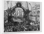The Panama Canal - M. De Lesseps, on his arrival at Panama, receiving a floral crown under the triumphal arch in front of the Episcopal Palace. See p by Anonymous