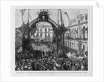 The Panama Canal - M. De Lesseps, on his arrival at Panama, receiving a floral crown under the triumphal arch in front of the Episcopal Palace. See p by Anonymous