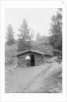 Man Standing in Front of Log Cabin by Anonymous