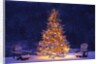 Snow Covering Adirondack Chairs by Lit Christmas Tree by Anonymous