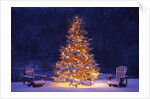 Snow Covering Adirondack Chairs by Lit Christmas Tree by Anonymous