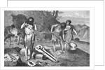 Woodcut Illustration of Prehistoric Men Casting Swords by Anonymous