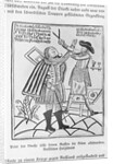 Woodcut of Peter the Great cutting the beard of a boyar by Anonymous