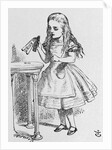 Illustration Depicting Alice Holding the Bottle Labelled "Drink Me" by John Tenniel