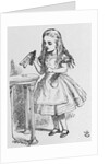 Illustration Depicting Alice Holding the Bottle Labelled "Drink Me" by John Tenniel