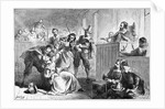 Engraving of a Suspect Fainting Before Judge During Witch Hunt Trial by Darley