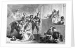 Engraving of a Suspect Fainting Before Judge During Witch Hunt Trial by Darley