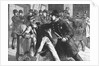 Woodcut Print of Police Raiding Bookie Room by Anonymous