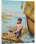 Book Illustration of Robinson Crusoe Tying Together a Raft by Anonymous
