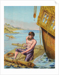 Book Illustration of Robinson Crusoe Tying Together a Raft by Anonymous