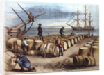 Color Print of Wharf Workers Measuring Whale Oil Content in Barrels by Anonymous
