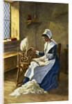 Woman Reading While Spinning at Wheel by Anonymous
