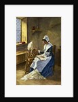 Woman Reading While Spinning at Wheel by Anonymous