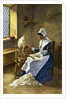 Woman Reading While Spinning at Wheel by Anonymous
