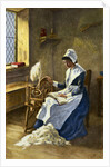 Woman Reading While Spinning at Wheel by Anonymous