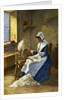 Woman Reading While Spinning at Wheel by Anonymous