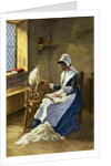 Woman Reading While Spinning at Wheel by Anonymous